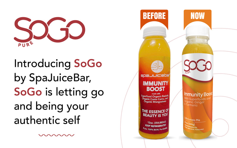 SoGo pure. Introducing SoGo by SpaJuceBar, SoGo is letting go and being your authetic self. Label change showing before and after Immunity Boost juice with new SoGo label