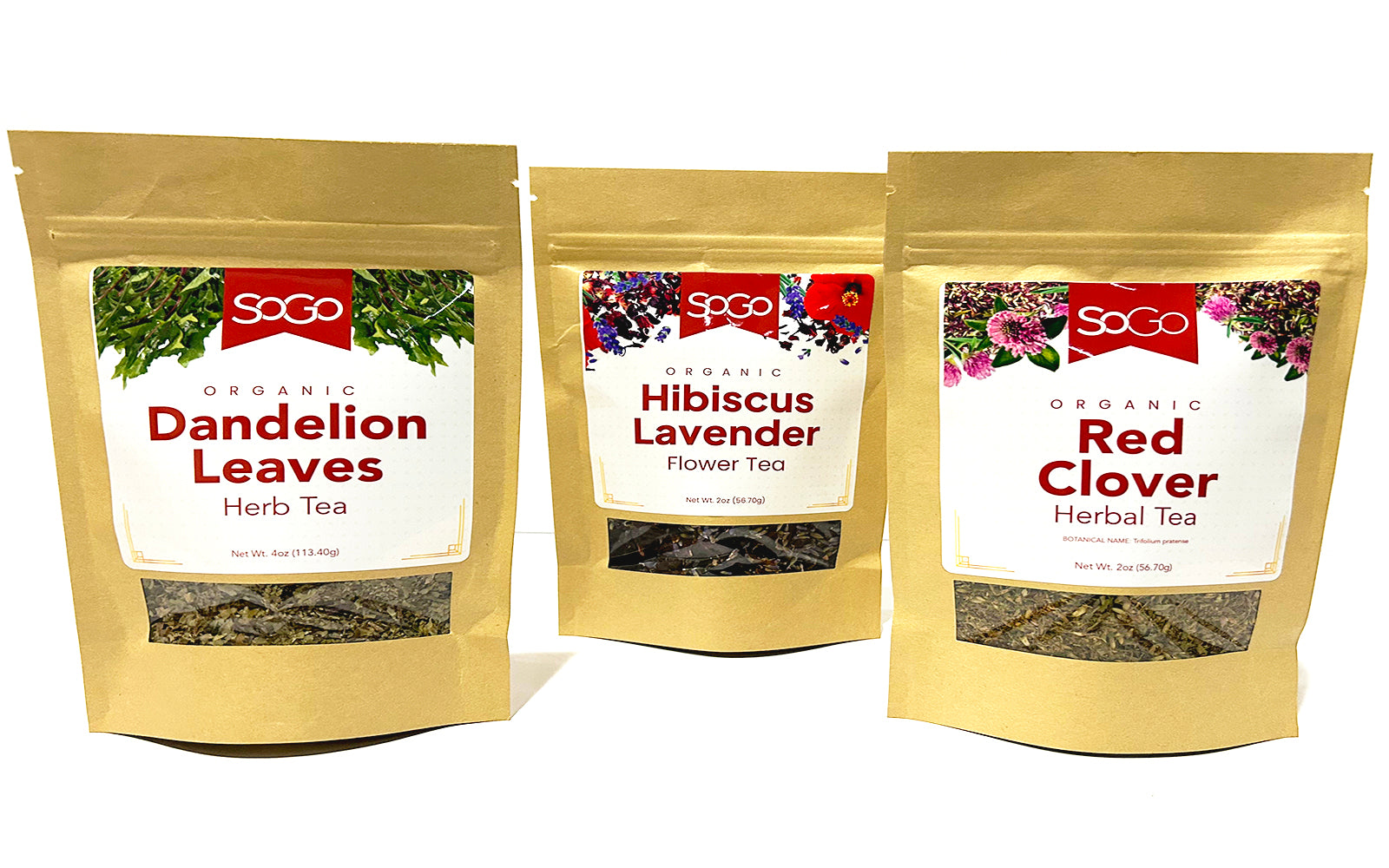 SoGo, Hibiscus Lavender Tea, Dandelion Leaves, and Rec Clover Herbs