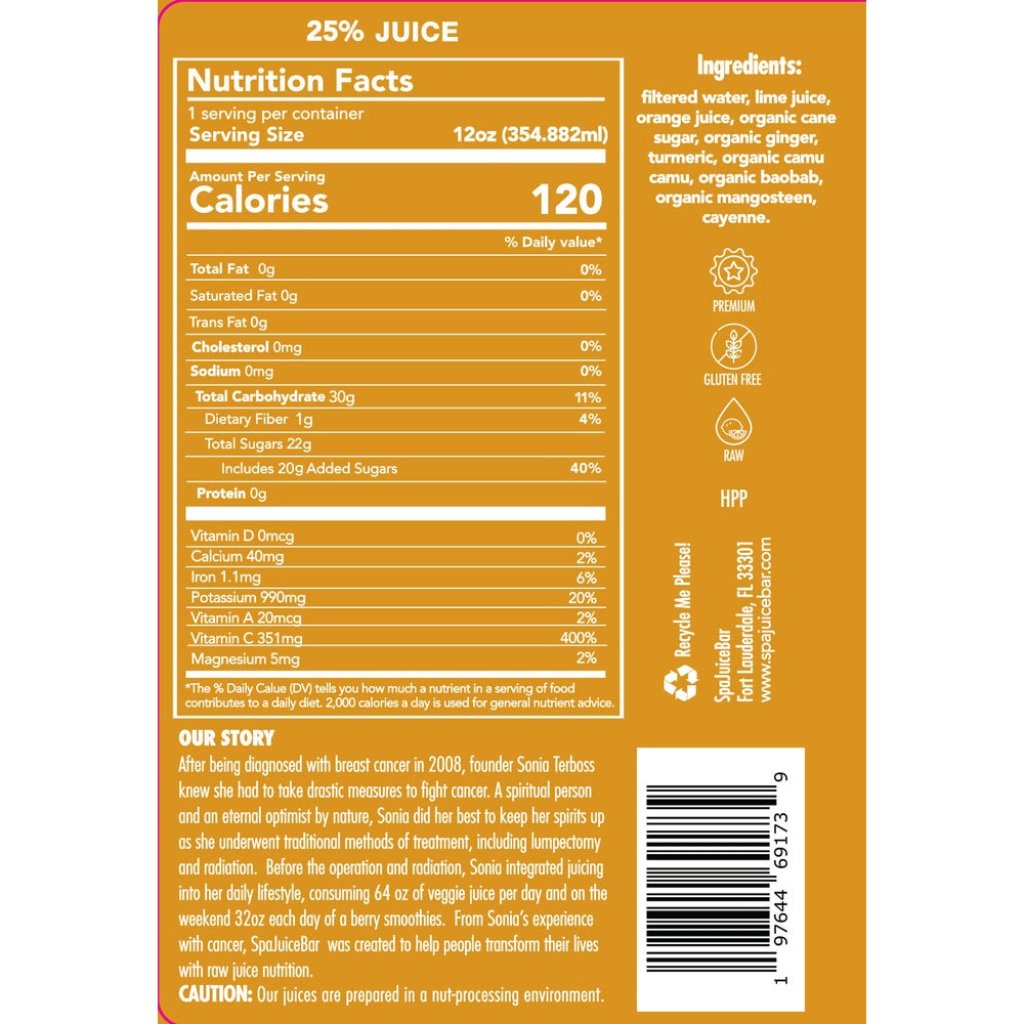 SpaJuiceBar Immunity Boost Juice Nutrition label