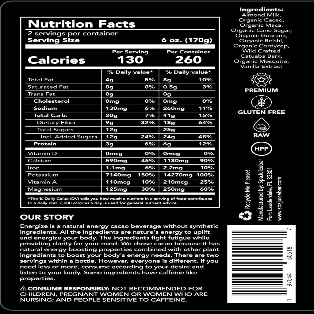 energize energy drink nutrition fact